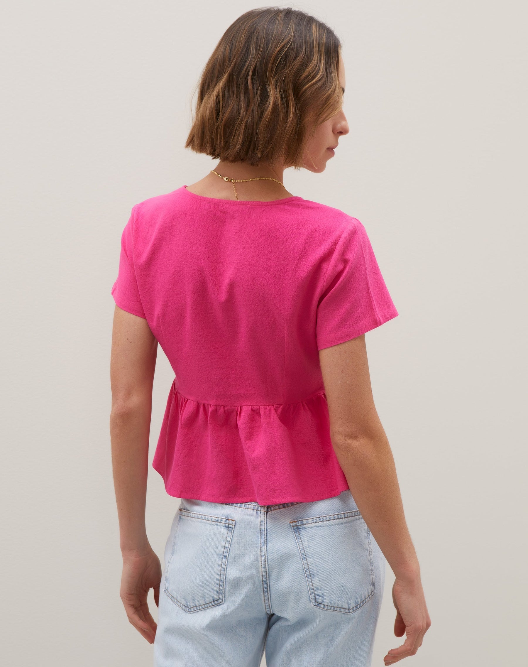 Blusa Manga Curta com Amarração no Decote - Pink