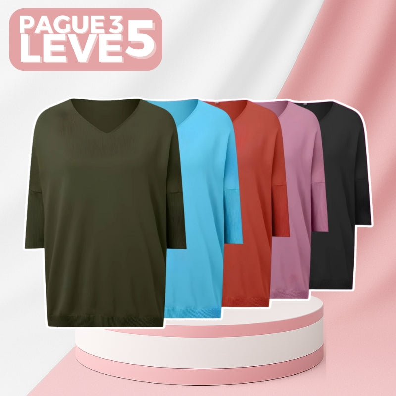 [Pague 3, Leve 5] Kit de Blusas Femininas Elina com Gola V em Tricô com Algodão e Poliéster